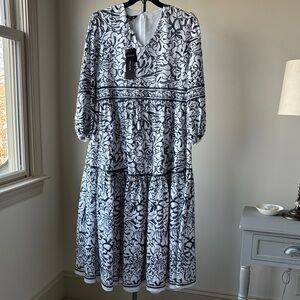 Misook blue/white embroidered dress NWT